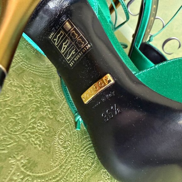 GUCCI 752966 Priscilla Emerald Green Satin Strap Gold Stiletto Heel 36+, US 6.5 - Picture 10 of 16